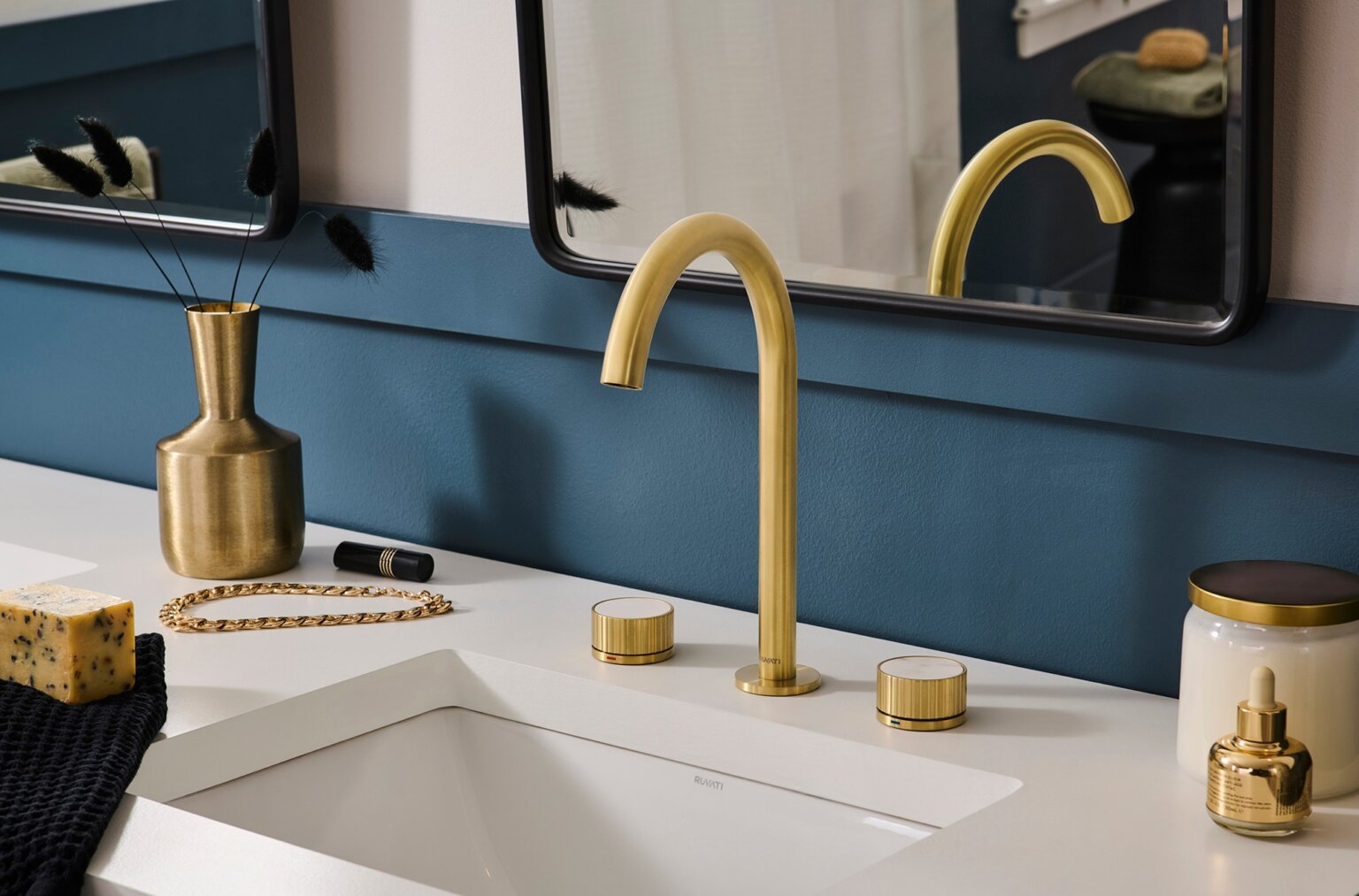 Ruvati RVF5232 Athena Two-Handle Widespread Bathroom Faucet with Stone Detail on modern bathroom countertop