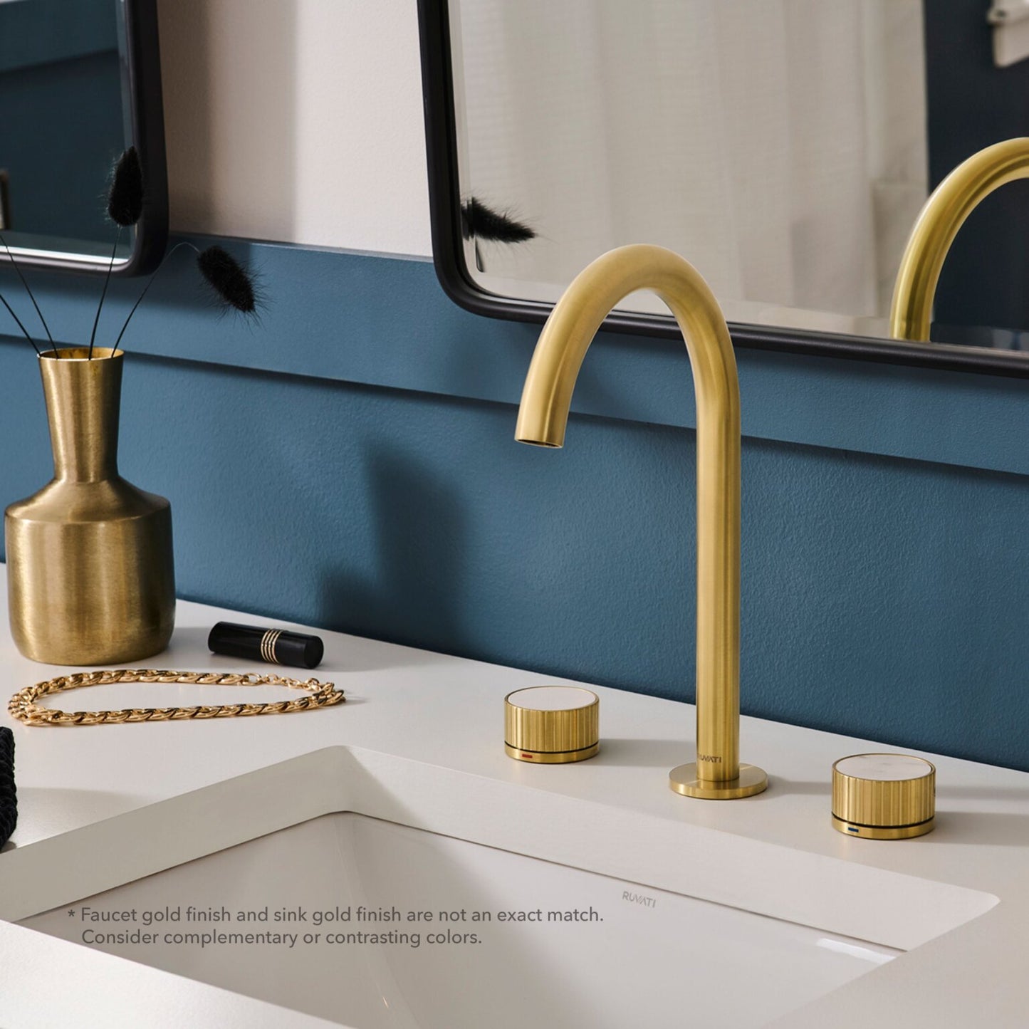 Ruvati RVF5232 Athena Two-Handle Widespread Bathroom Faucet with Stone Detail in Brushed Gold finish on a modern sink.