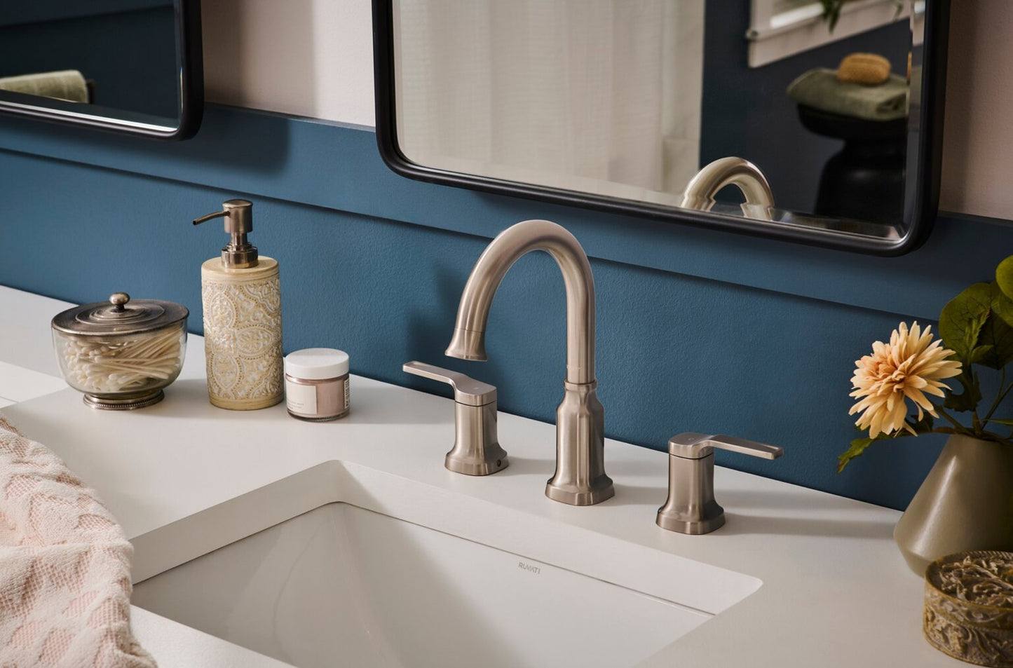 Ruvati RVF5233 Arti Two-Handle Widespread Bathroom Faucet in Brushed Nickel installed on a modern bathroom sink.