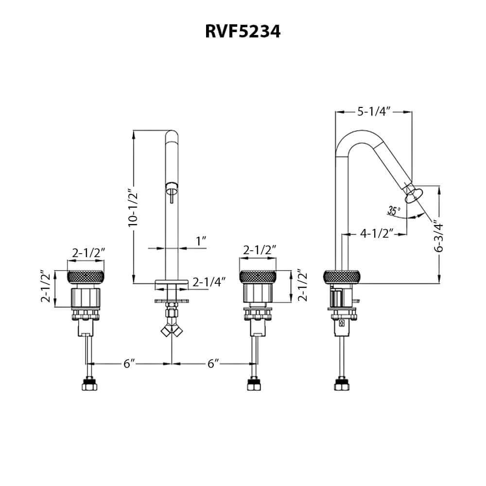 Ruvati Chrono Two-Handle Watch Face Widespread Bathroom Faucet - RVF5234 dimensions and design specifications drawing