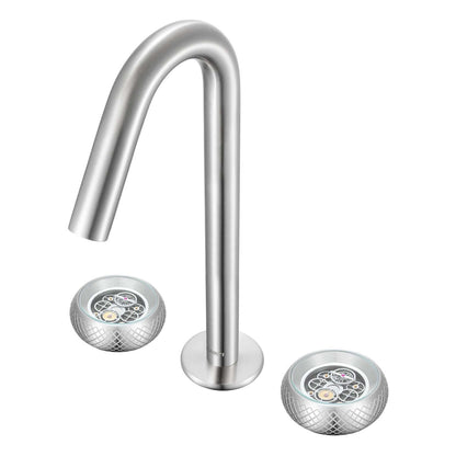 Ruvati Chrono Two-Handle Watch Face Widespread Bathroom Faucet - RVF5234 with watch face-inspired handles.