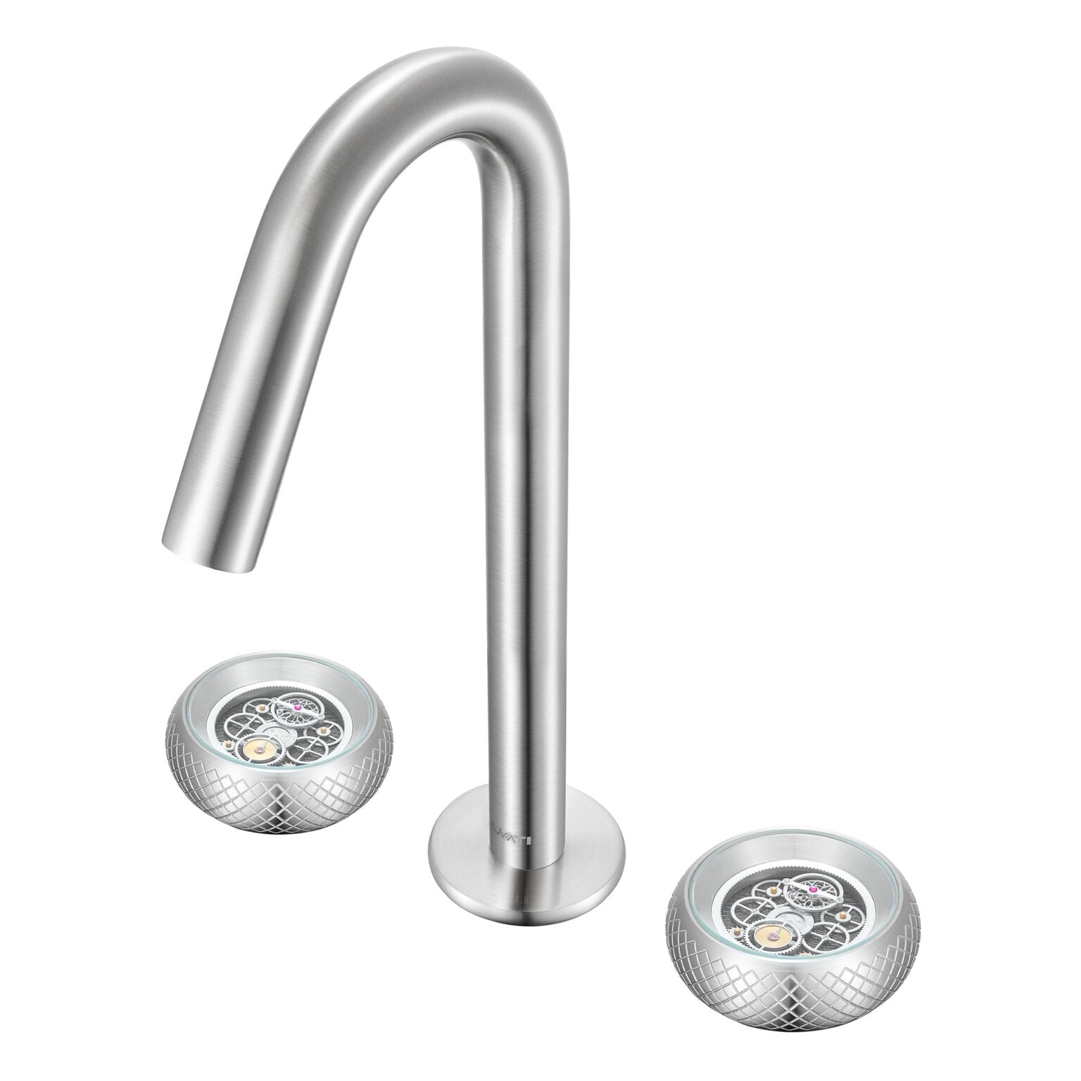 Ruvati Chrono Two-Handle Watch Face Widespread Bathroom Faucet - RVF5234 with watch face-inspired handles.