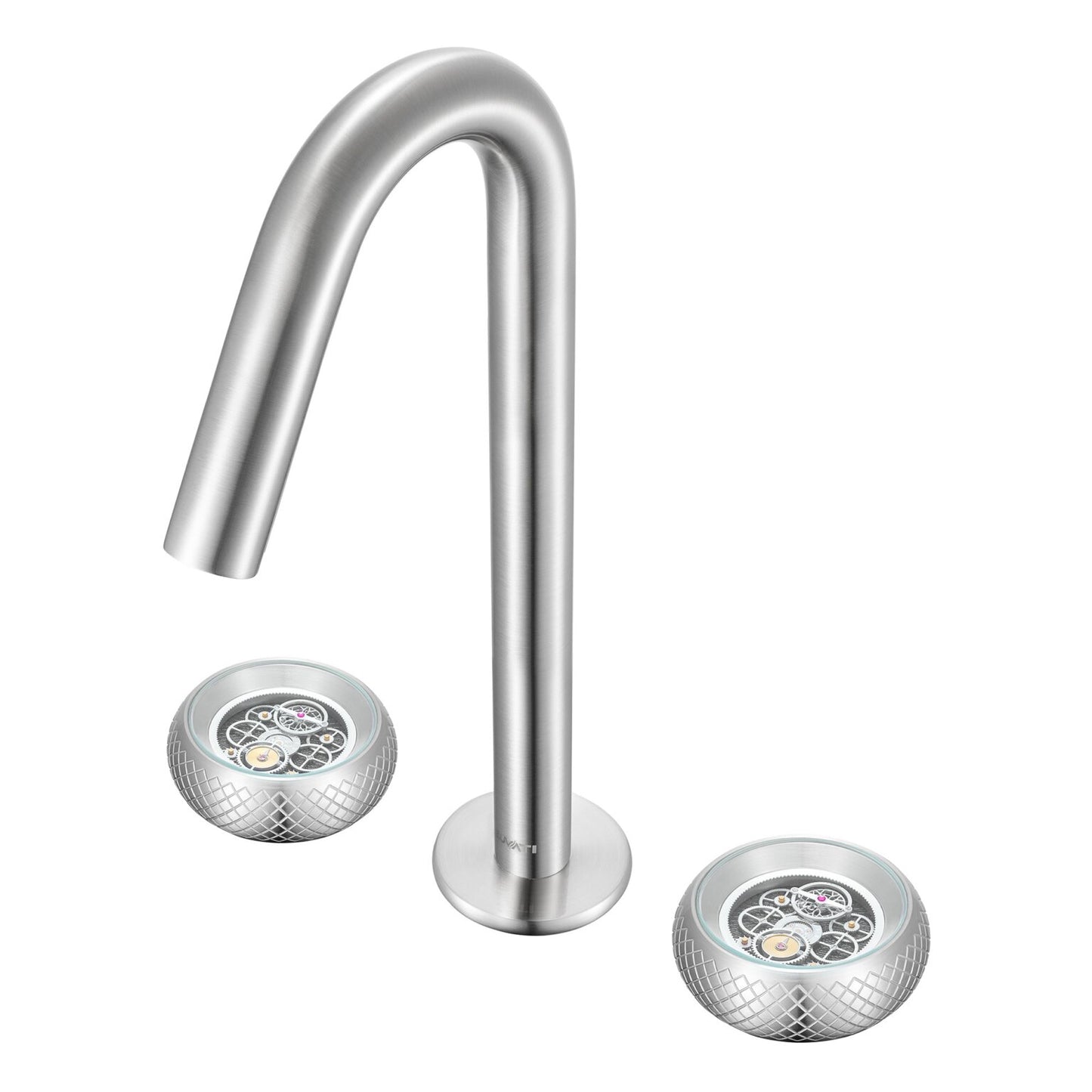 Ruvati Chrono Two-Handle Watch Face Widespread Bathroom Faucet - RVF5234 with watch face-inspired handles.