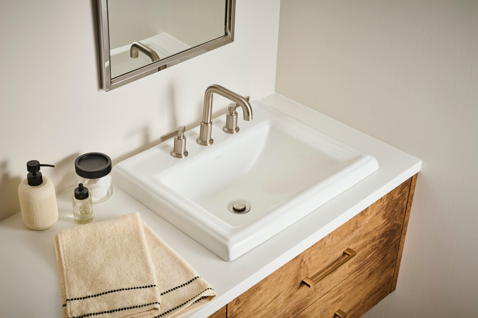 Ruvati RVF5236 Barolo Two-Handle Widespread Bathroom Faucet installed on a modern sink with elegant decor.