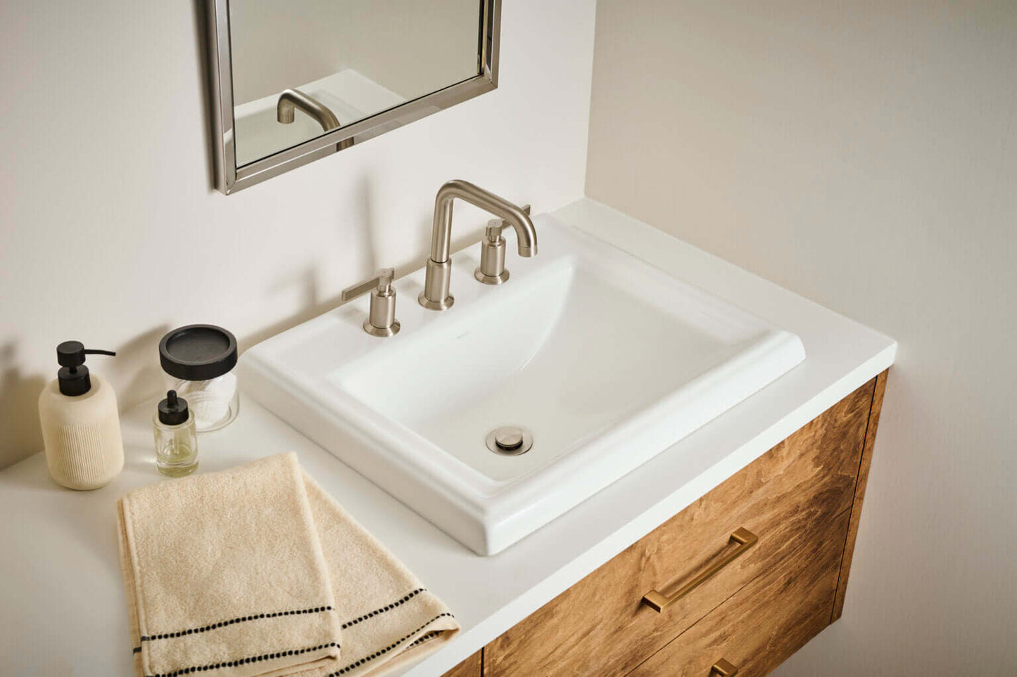 Ruvati RVF5236 Barolo Two-Handle Widespread Bathroom Faucet installed on a modern sink with elegant decor.