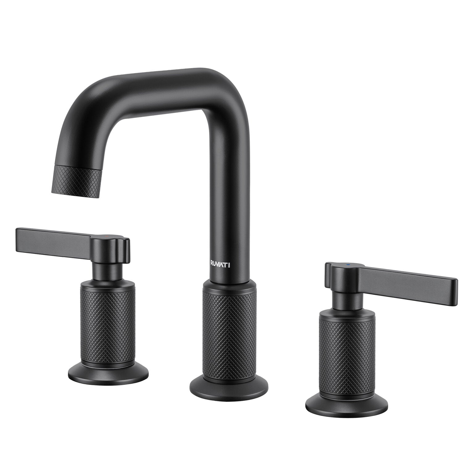 Ruvati RVF5236 Barolo Two-Handle Widespread Bathroom Faucet featuring knurled handles and angular spout.