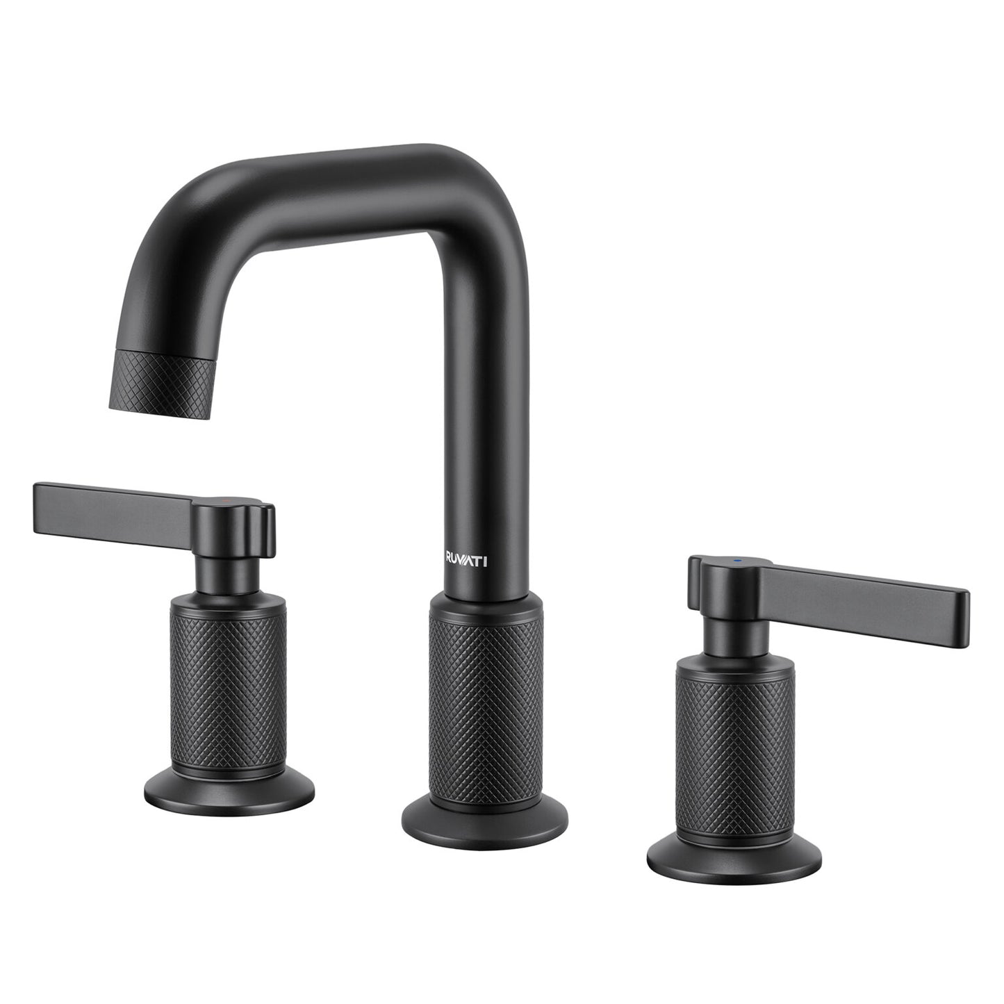Ruvati RVF5236 Barolo Two-Handle Widespread Bathroom Faucet featuring knurled handles and angular spout.