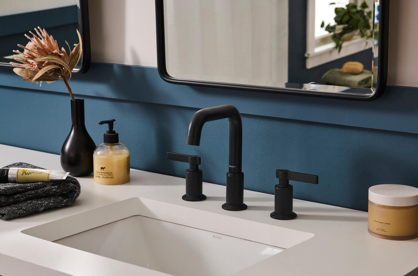 Ruvati RVF5236 Barolo Two-Handle Widespread Bathroom Faucet in a modern bathroom setting with knurled handles.