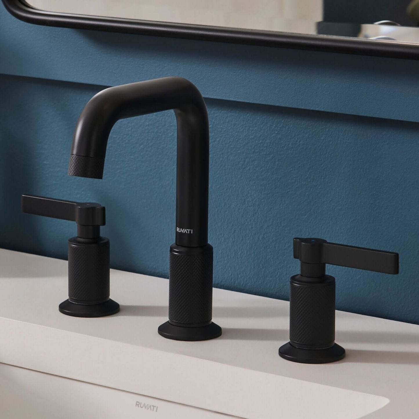 Ruvati RVF5236 Barolo Two-Handle Widespread Bathroom Faucet displayed with knurled handles and angular spout.