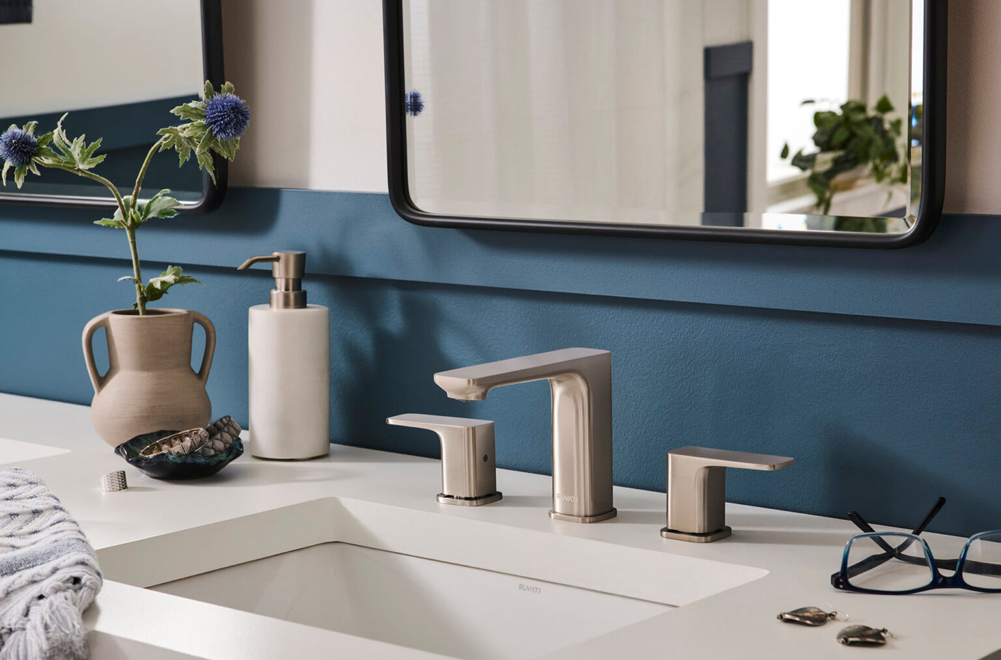 Ruvati RVF5237 Lanai Two-Handle Widespread Bathroom Faucet in Brushed Nickel displayed on a modern bathroom sink.