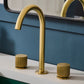 Ruvati RVF5238 Fabio Two-Handle Widespread Bathroom Faucet with Textured Knobs in Brushed Gold on a vanity.