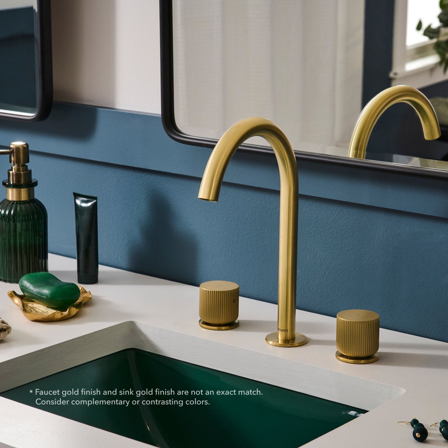 Ruvati RVF5238 Fabio Two-Handle Widespread Bathroom Faucet with Textured Knobs in Brushed Gold displayed on a modern vanity.