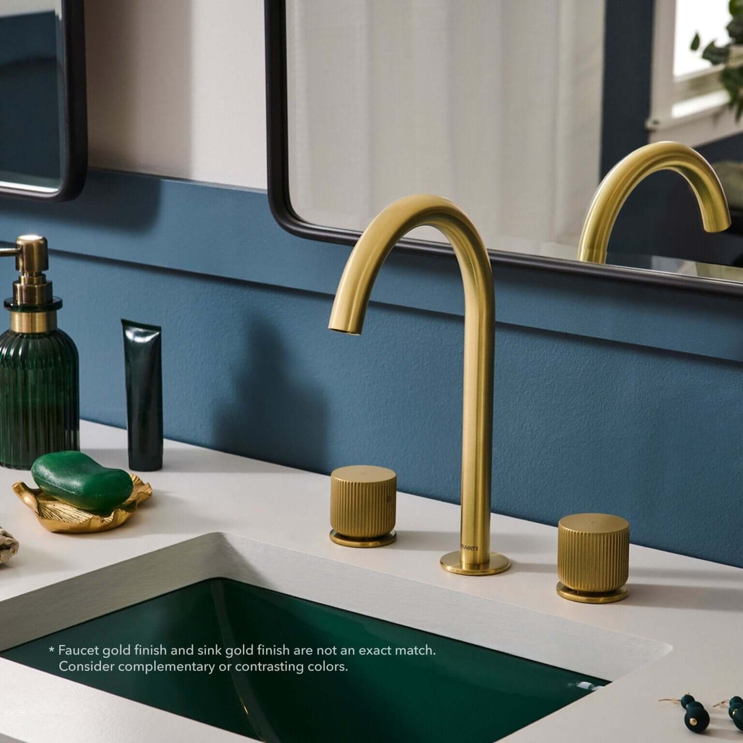 Ruvati RVF5238 Fabio Two-Handle Widespread Bathroom Faucet with Textured Knobs in Brushed Gold displayed on a modern vanity.