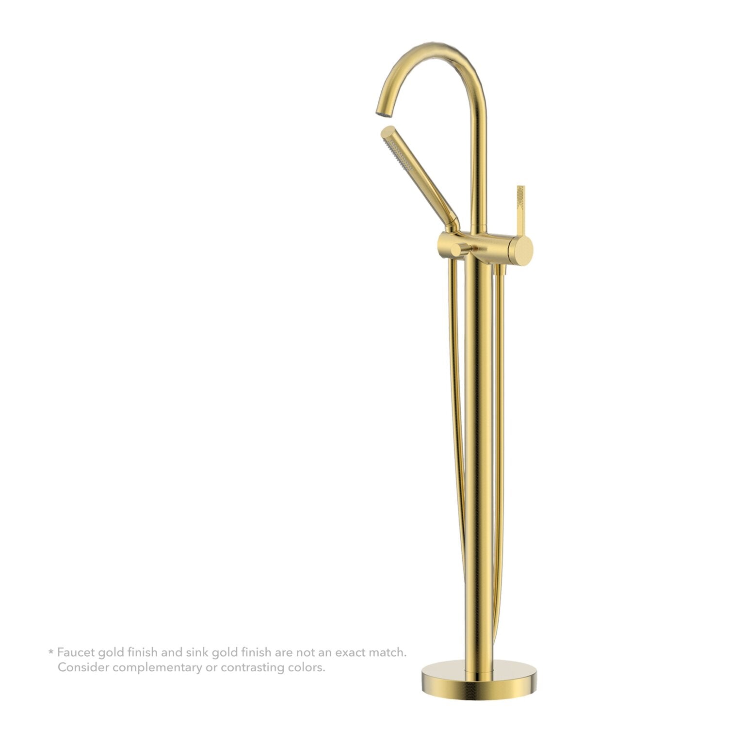 Ruvati RVF5338 Lucia Single-Handle Floor-Mounted Freestanding Tub Filler with Hand Shower in Brushed Gold finish.
