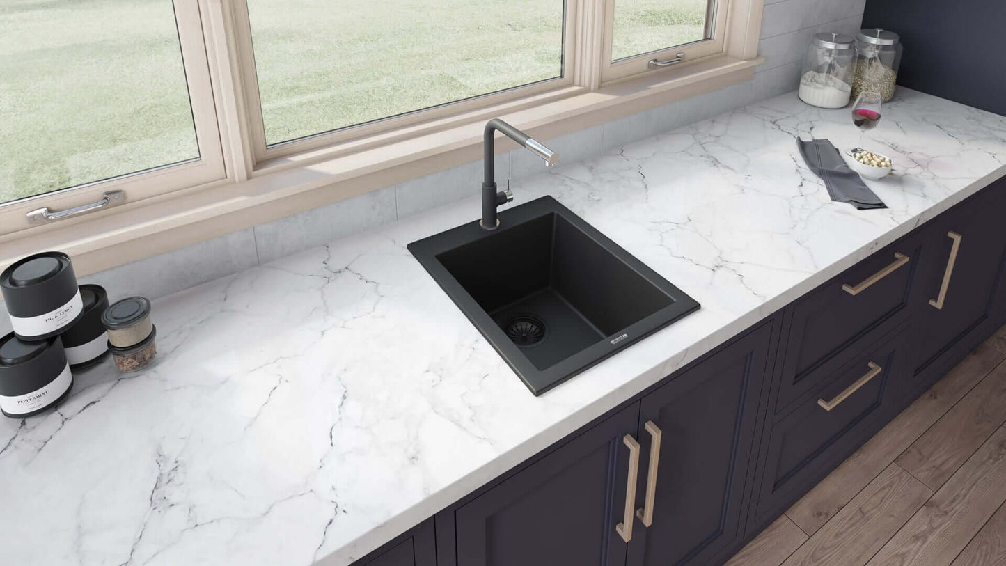 Ruvati epiGranite RVG1016 16" Topmount Single Bowl Wet Bar and Prep Sink in a modern kitchen setting.