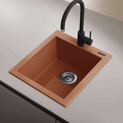 Ruvati epiGranite RVG1016 16" Topmount Single Bowl Wet Bar and Prep Sink in Clay finish with faucet.