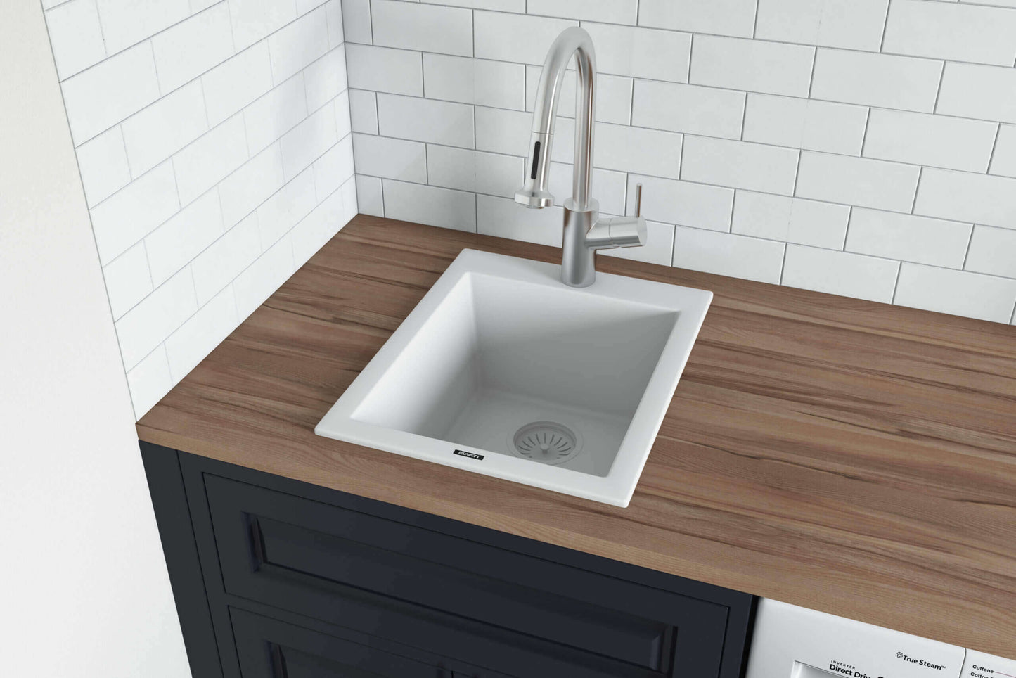Ruvati epiGranite RVG1016 16" Topmount Single Bowl Wet Bar and Prep Sink installed in a kitchen countertop.