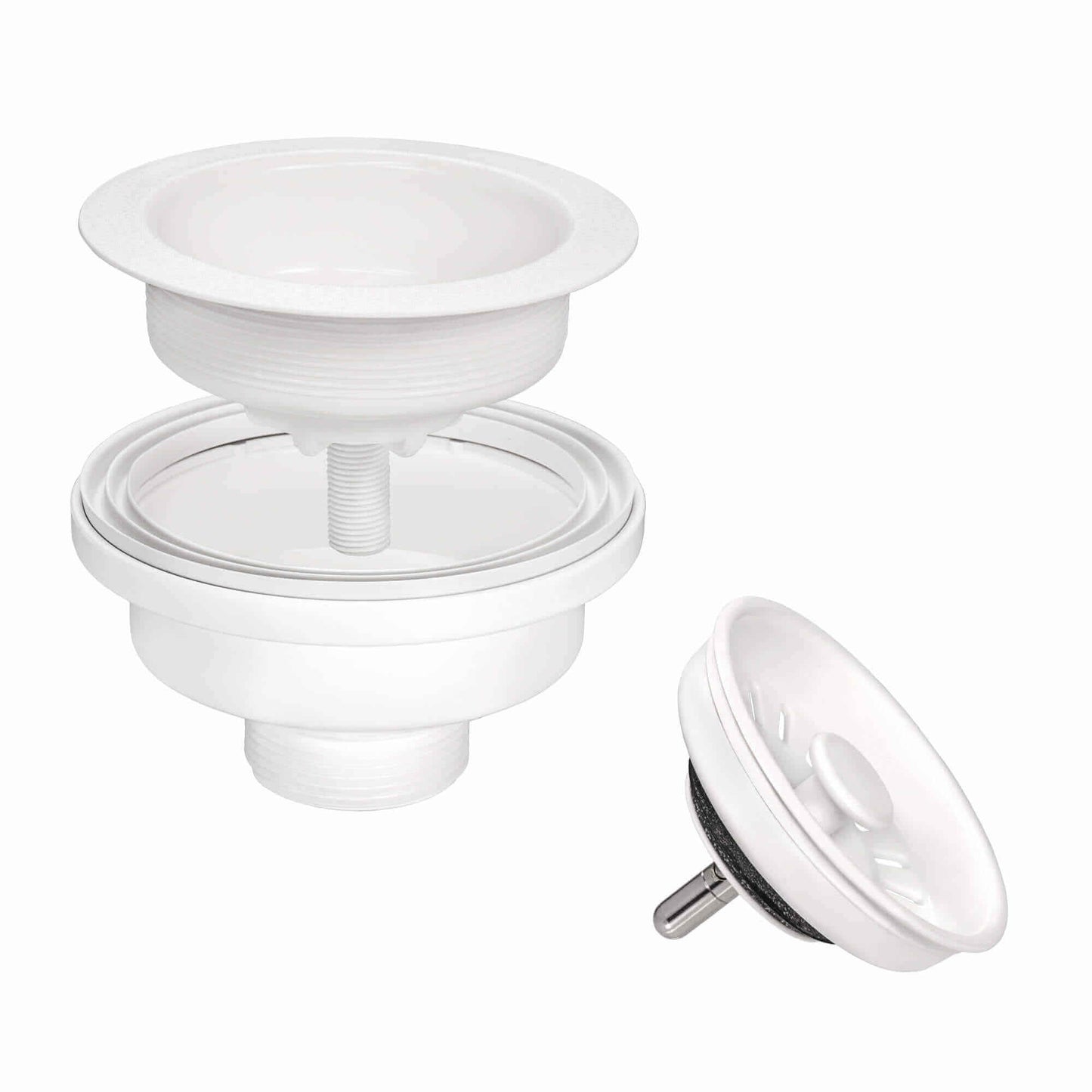 Ruvati RVG2022 21" Granite Composite Undermount Bar Prep Sink drain assembly parts in white.