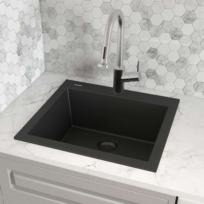 Ruvati epiGranite RVG1022 22" Topmount Single Bowl Wet Bar and Prep Sink in Midnight Black installed.