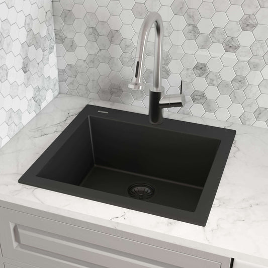 Ruvati epiGranite RVG1022 22" Topmount Single Bowl Wet Bar and Prep Sink in Midnight Black installed.