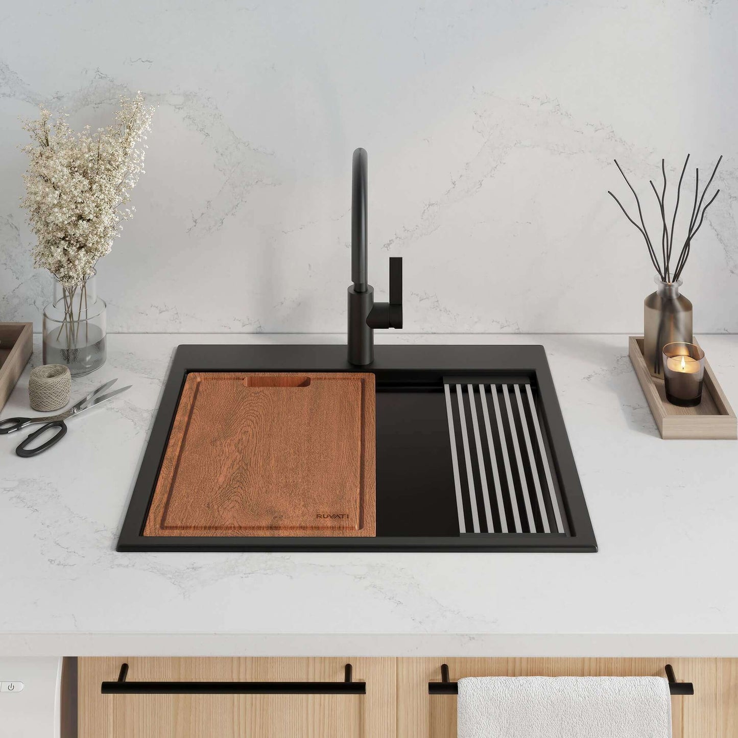 Ruvati epiGranite RVG2016 15" Undermount Single Bowl Wet Bar and Prep Sink with wooden cutting board.