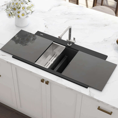 Ruvati 34" epiGranite Dual Bowl Workstation Kitchen Sink - Arctic White - RVG1350WH in a sleek kitchen setting.
