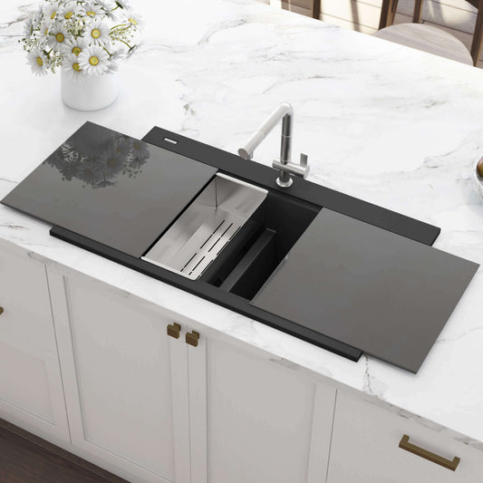 Ruvati 34" epiGranite Dual Bowl Workstation Kitchen Sink - Arctic White - RVG1350WH in a sleek kitchen setting.