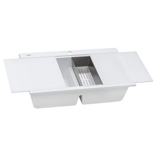 Ruvati 34" epiGranite Dual Bowl Workstation Kitchen Sink - Arctic White - RVG1350WH with cutting board and integrated grid.