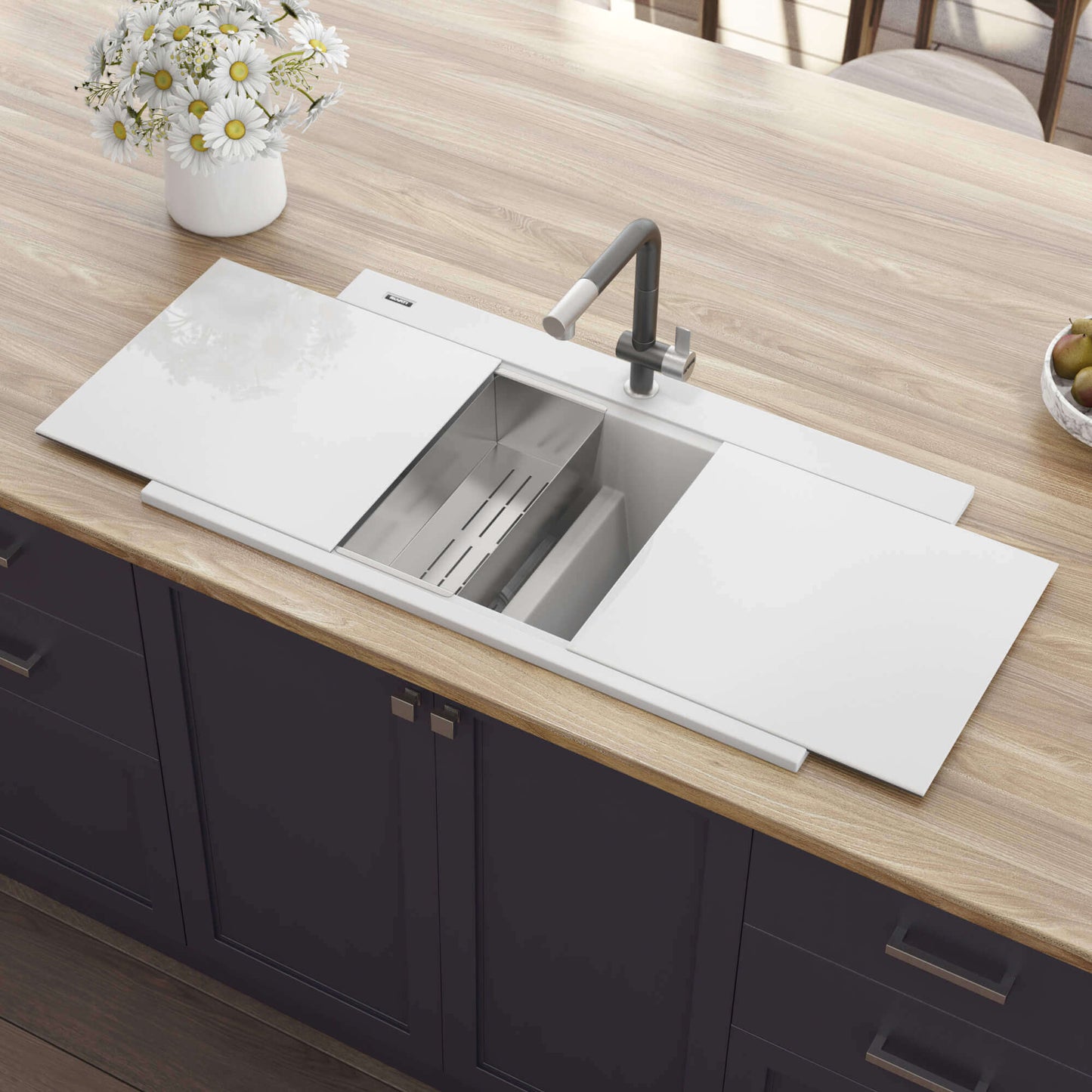 Ruvati 34" epiGranite Dual Bowl Workstation Kitchen Sink - Arctic White - RVG1350WH