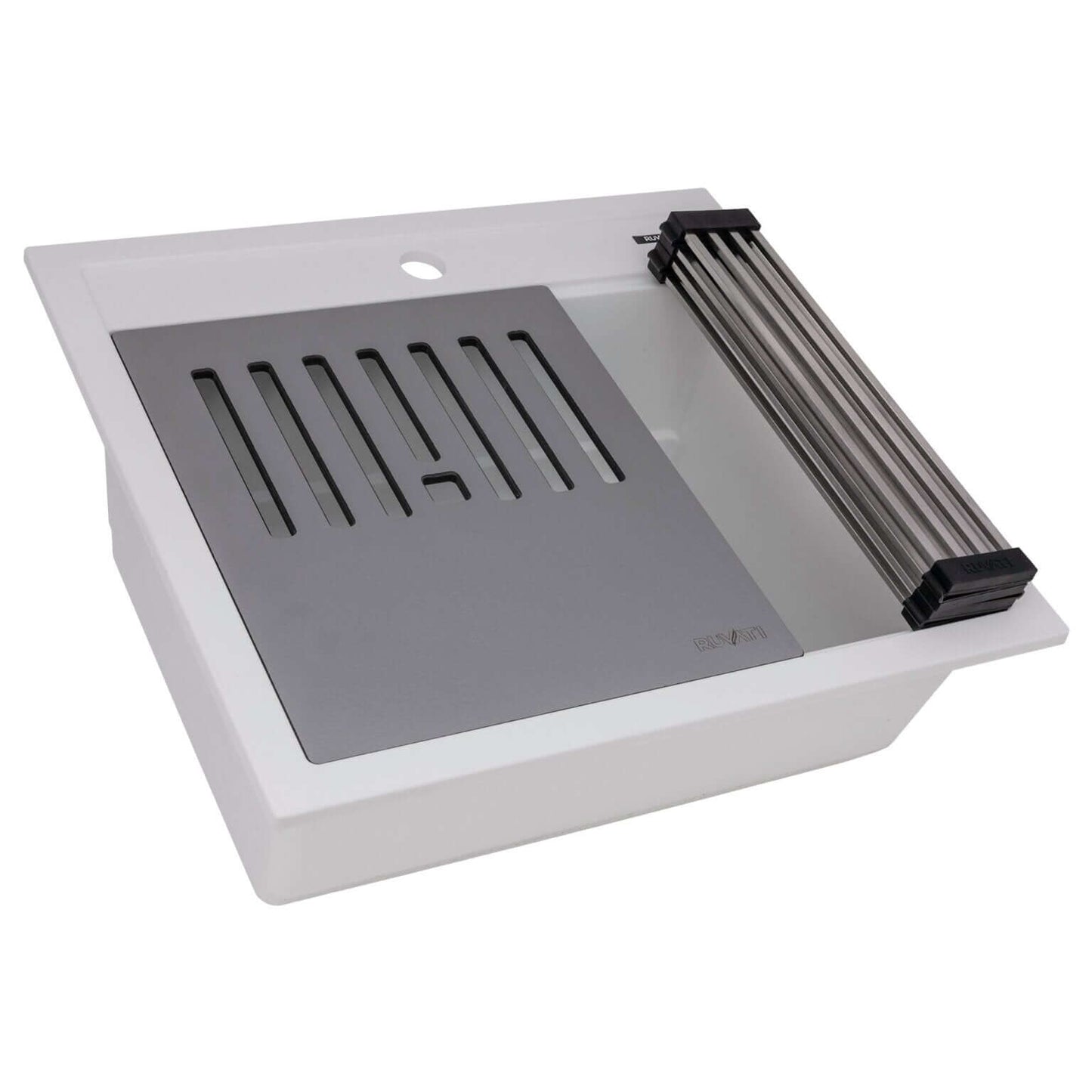 Ruvati epiCube RVG1622 23" Topmount Workstation Wet Bar and Prep Sink with Dual Ledges in Arctic White Matte.