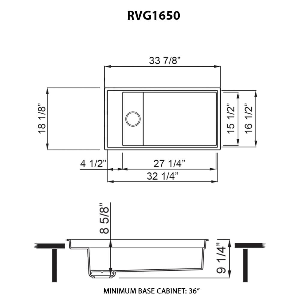 Ruvati 18"x34" epiStage Dual Mount Composite Workstation Kitchen Sink - RVG1650 dimensions and specifications diagram.