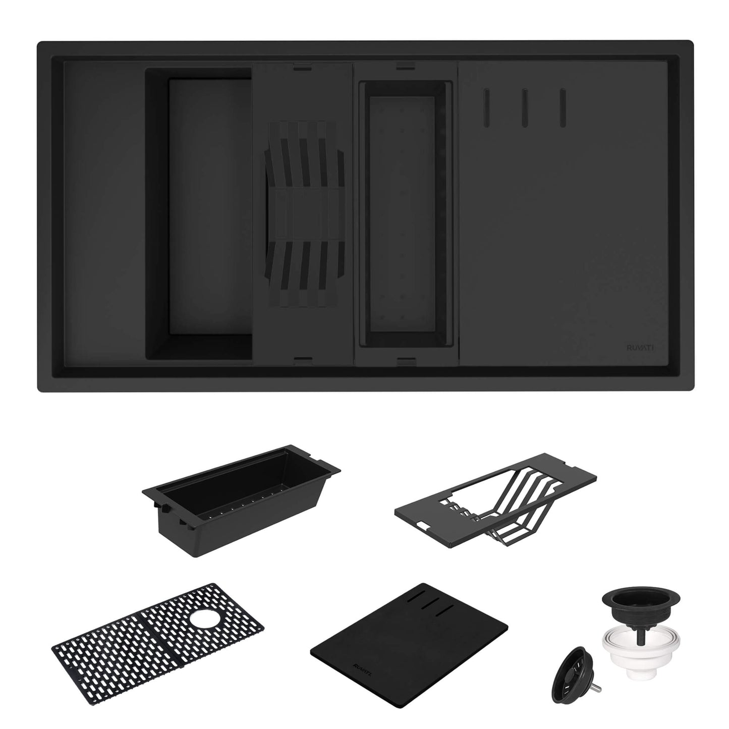 Ruvati 18"x34" epiStage Dual Mount Composite Workstation Kitchen Sink - RVG1650 with accessories and components.