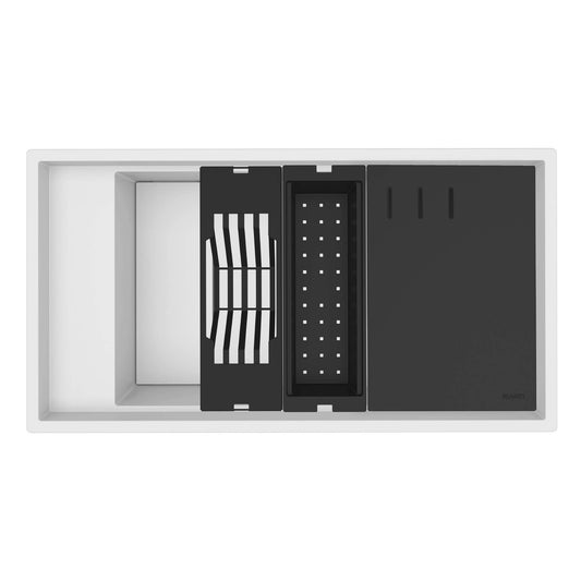 Ruvati 18"x34" epiStage Dual Mount Composite Workstation Kitchen Sink - RVG1650 top view showing compartments and accessories.