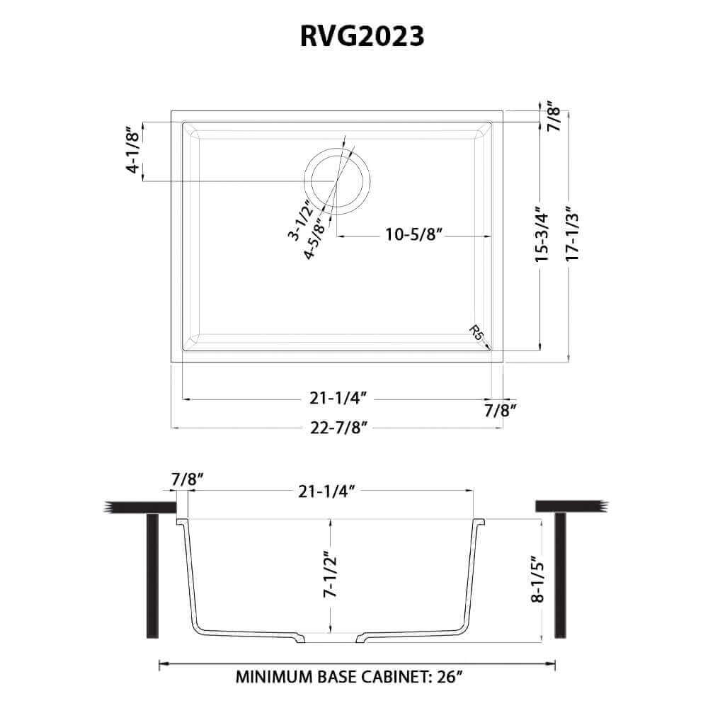 Ruvati RVG2023 23" Granite Composite Undermount Bar Prep Sink dimensions drawing with measurements.