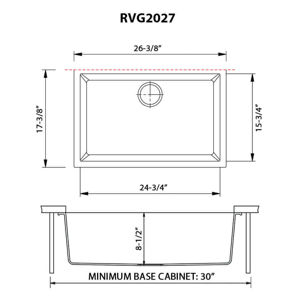 Ruvati RVG2027 27" Granite Composite Undermount Single Bowl Sink dimensions diagram with measurements.