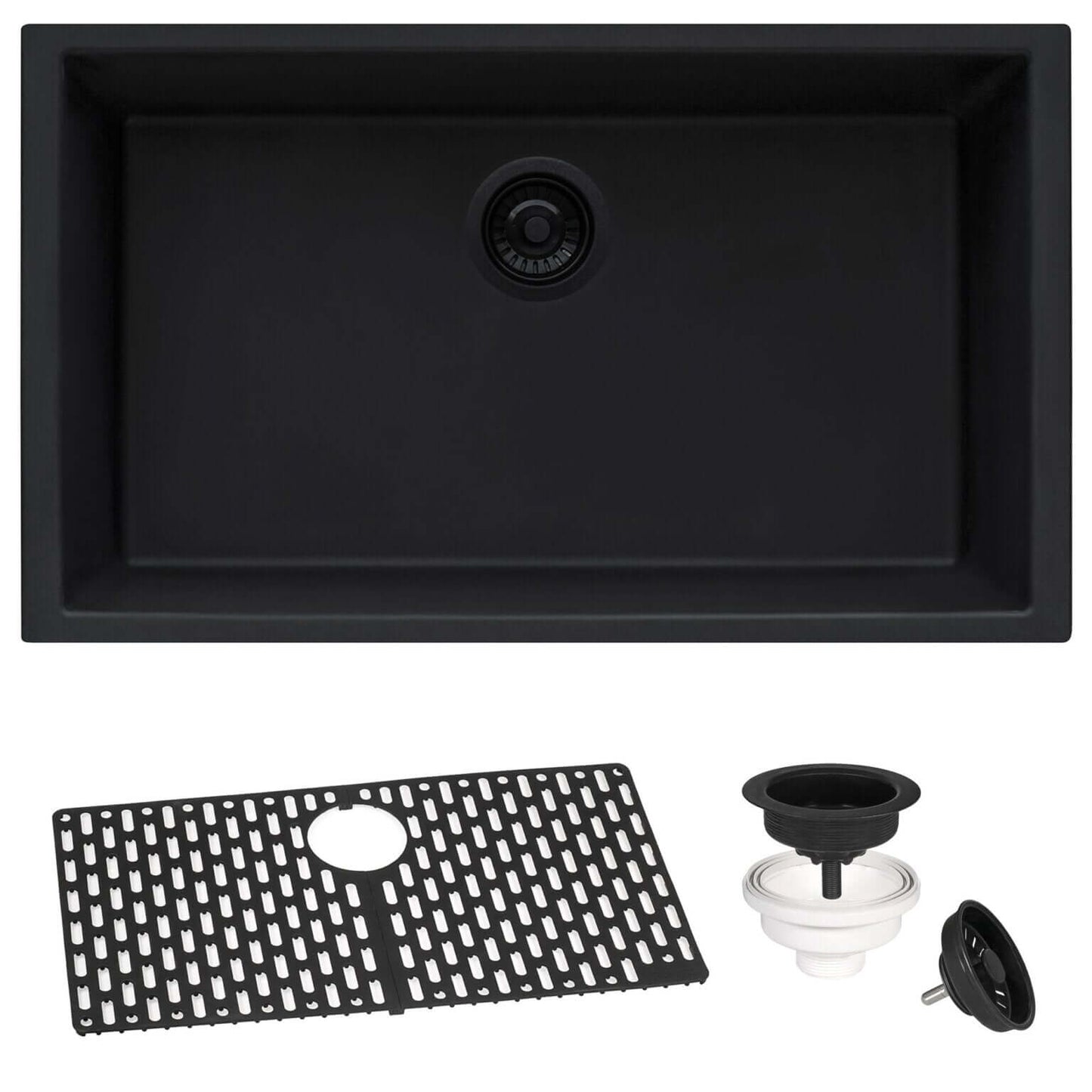 Ruvati RVG2027 27" Granite Composite Undermount Single Bowl Sink with accessories and strainer.
