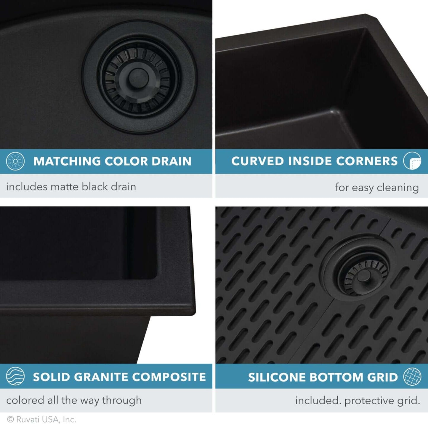 Ruvati RVG2027 27" Granite Composite Undermount Single Bowl Sink features matte black drain and curved corners for easy cleaning.