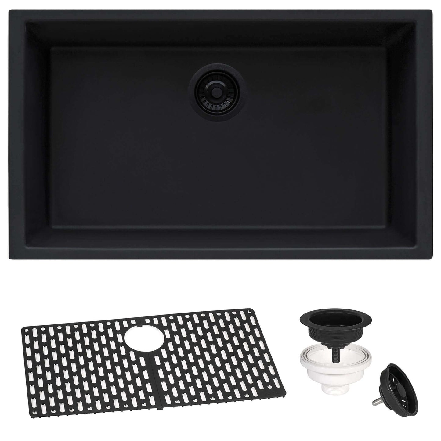 Ruvati RVG2030 30" Granite Composite Undermount Single Bowl Kitchen Sink with accessories and drain cover.