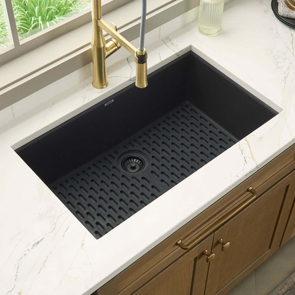 Ruvati undermount granite kitchen sink demonstrating the difference between topmount and undermount installations