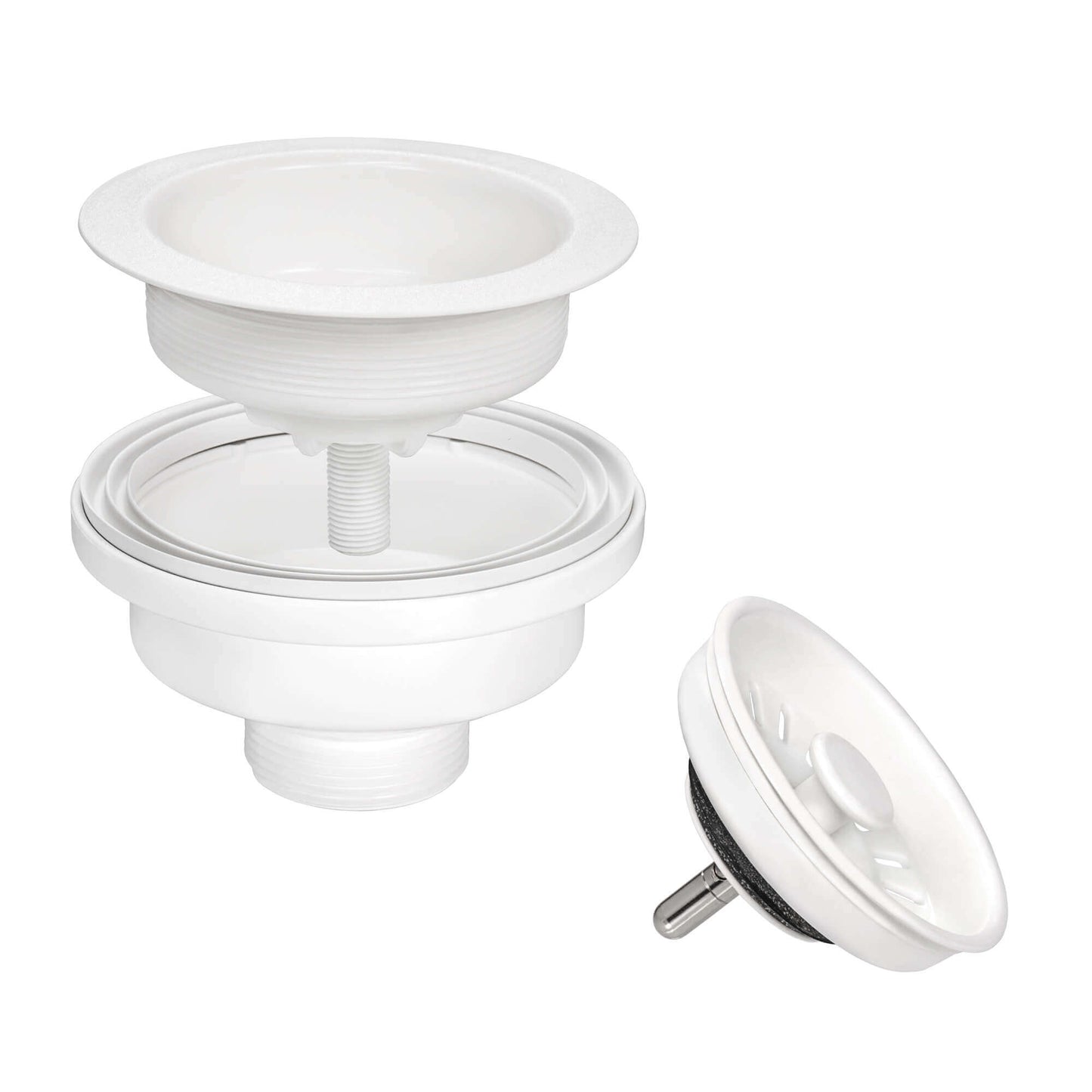 Ruvati RVG2030 30" Granite Composite Undermount Single Bowl Kitchen Sink drain assembly parts in white.