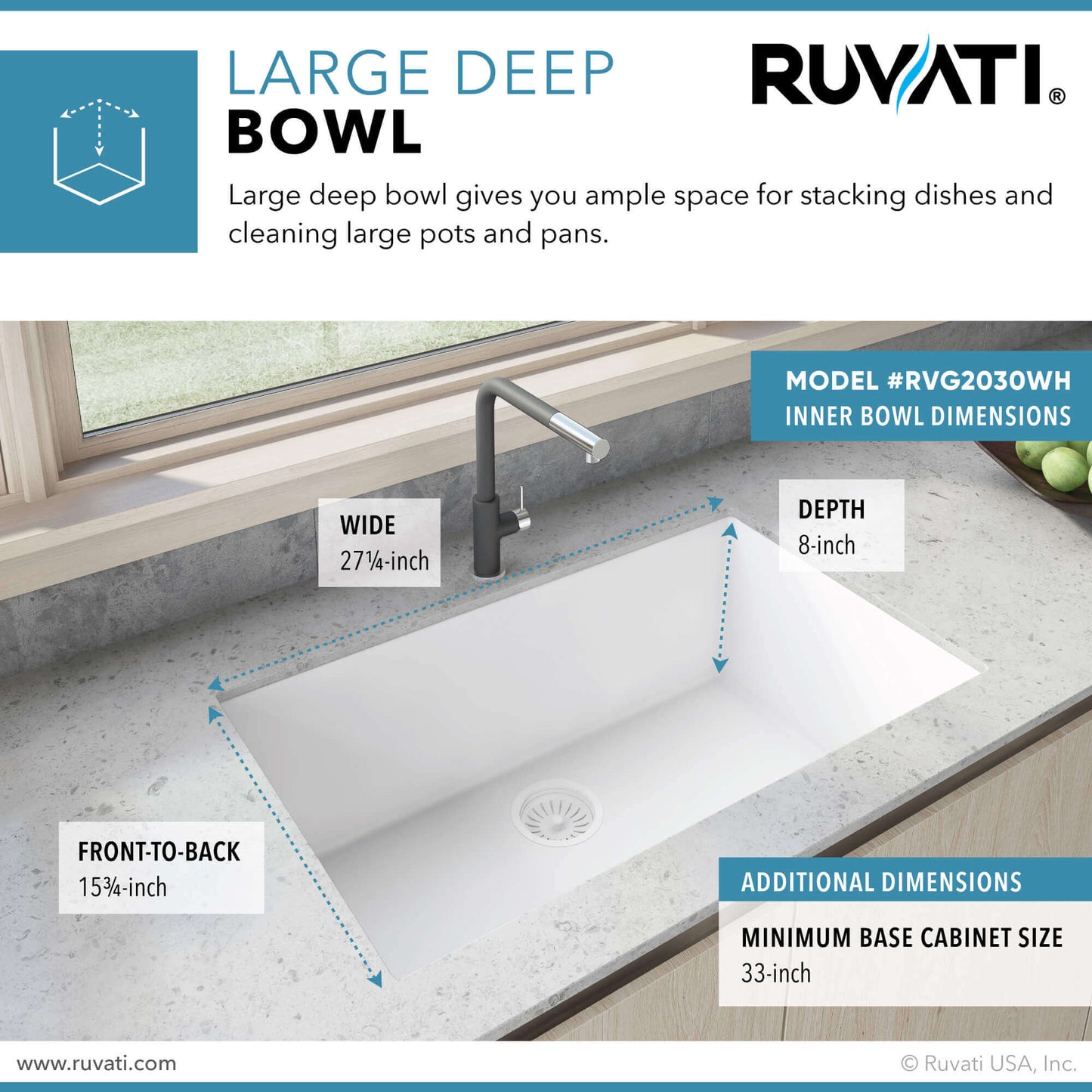 Ruvati RVG2030 30" Granite Composite Undermount Single Bowl Kitchen Sink dimensions and features infographic.
