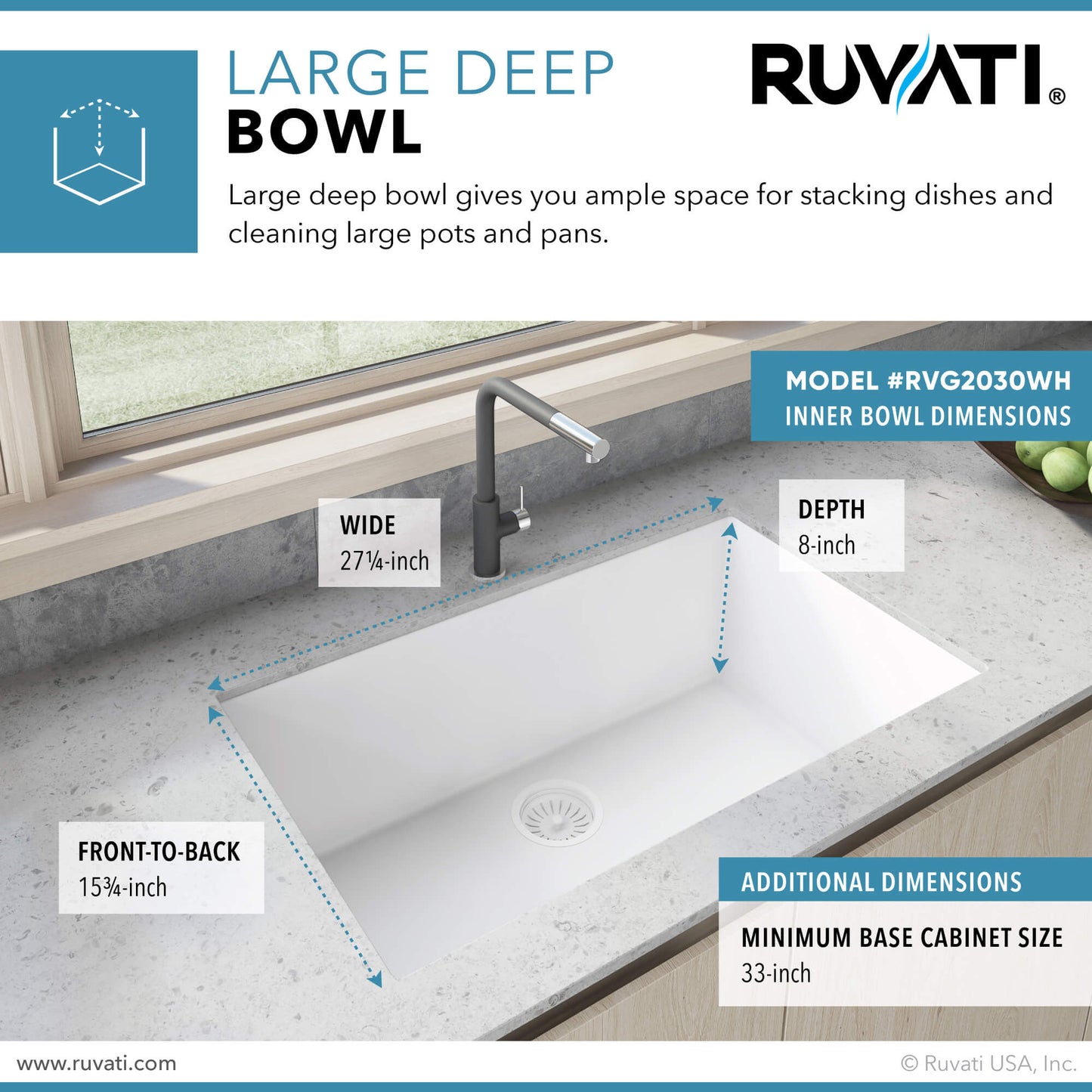 Ruvati RVG2030 30" Granite Composite Undermount Single Bowl Kitchen Sink