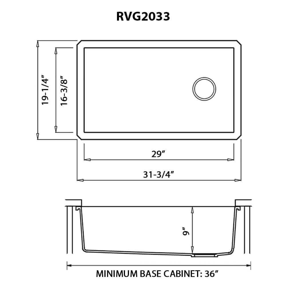 Diagram of Ruvati RVG2033 kitchen sink dimensions, showcasing single bowl and minimum base cabinet requirements.