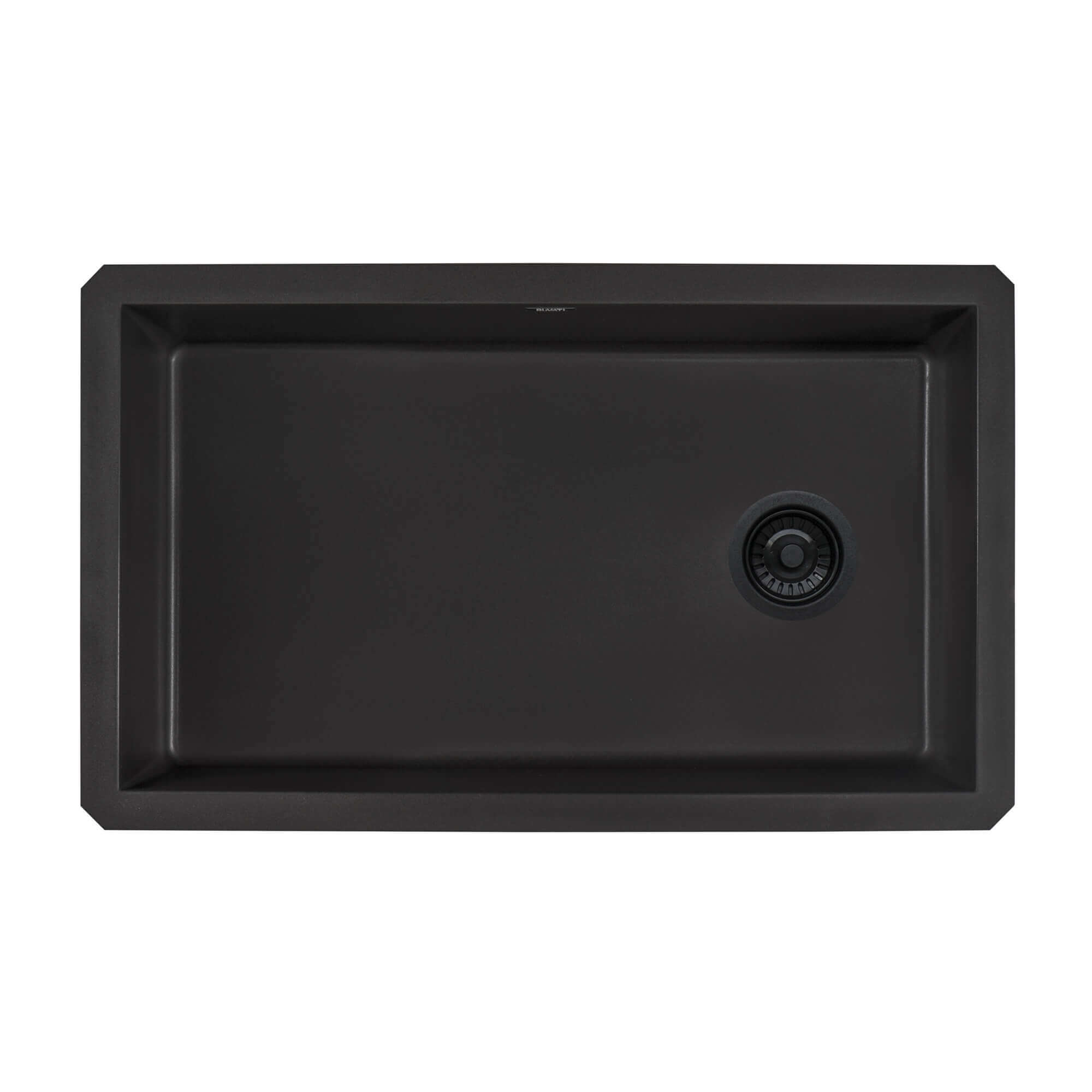 Ruvati 32-inch epiGranite undermount kitchen sink in Midnight Black, single bowl design, top-down view.