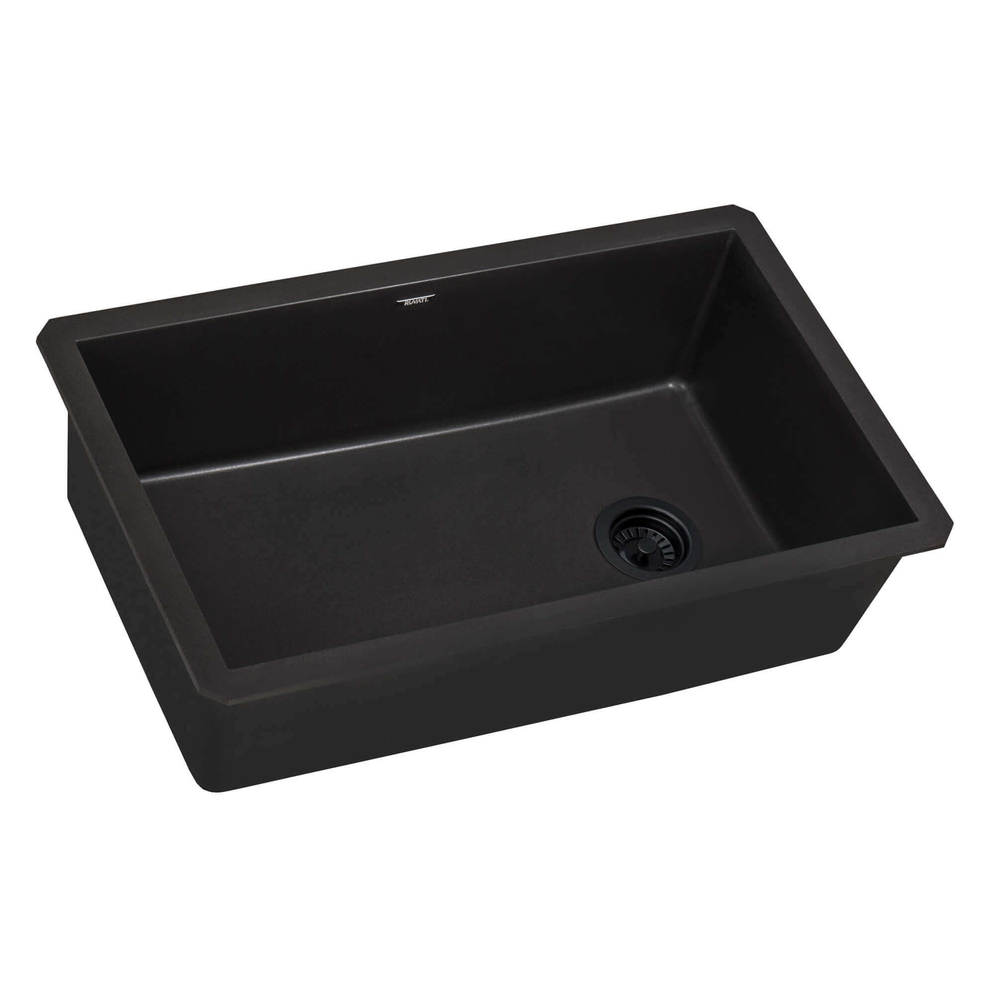 Ruvati 32" epiGranite undermount kitchen sink in Midnight Black finish, featuring a single bowl design and offset drain.