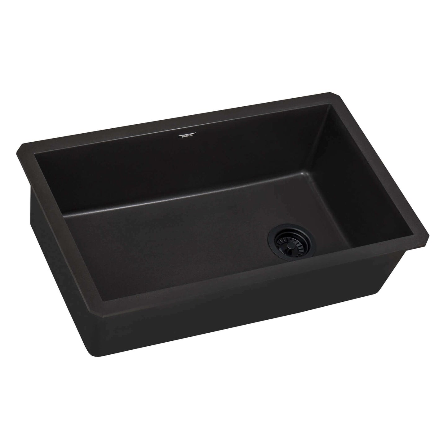 Ruvati 32" epiGranite undermount kitchen sink in Midnight Black finish, featuring a single bowl design and offset drain.