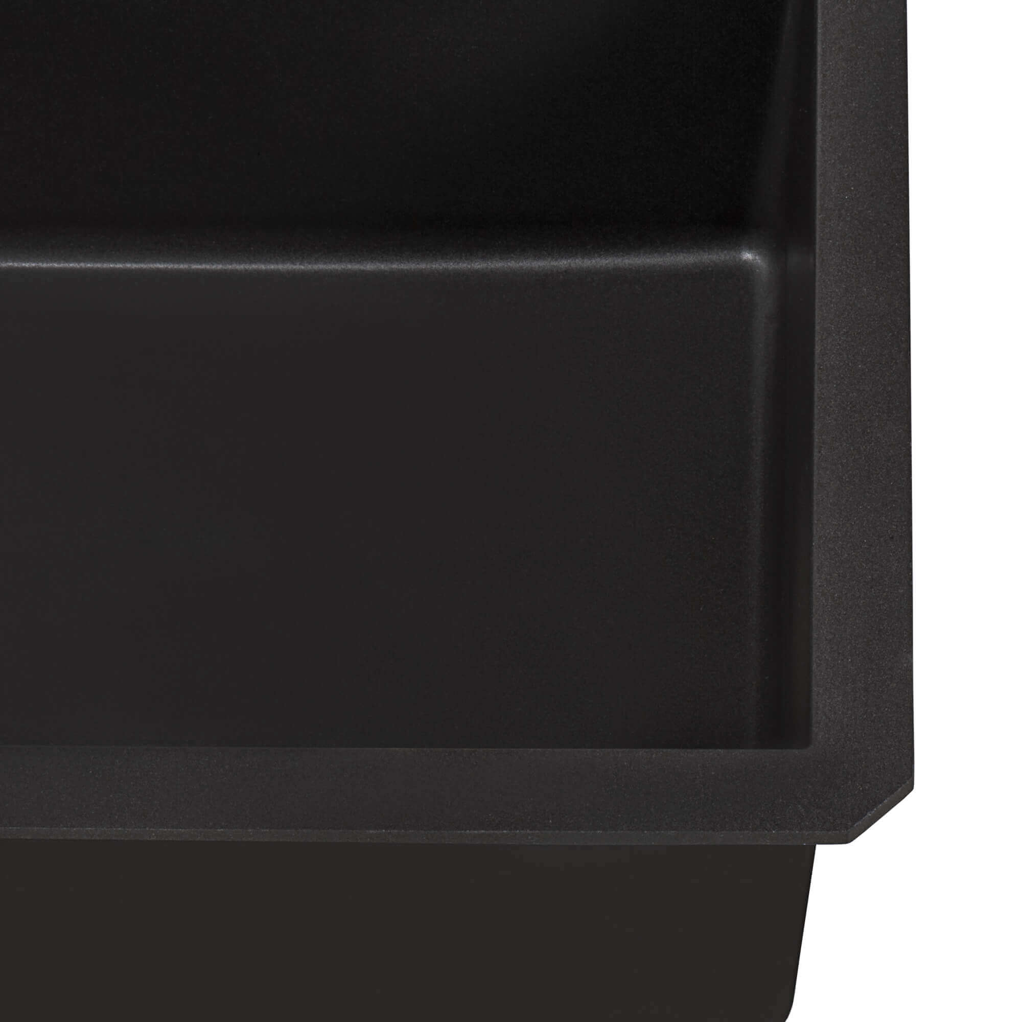 Close-up view of a Ruvati 32" epiGranite undermount kitchen sink in Midnight Black composite material.