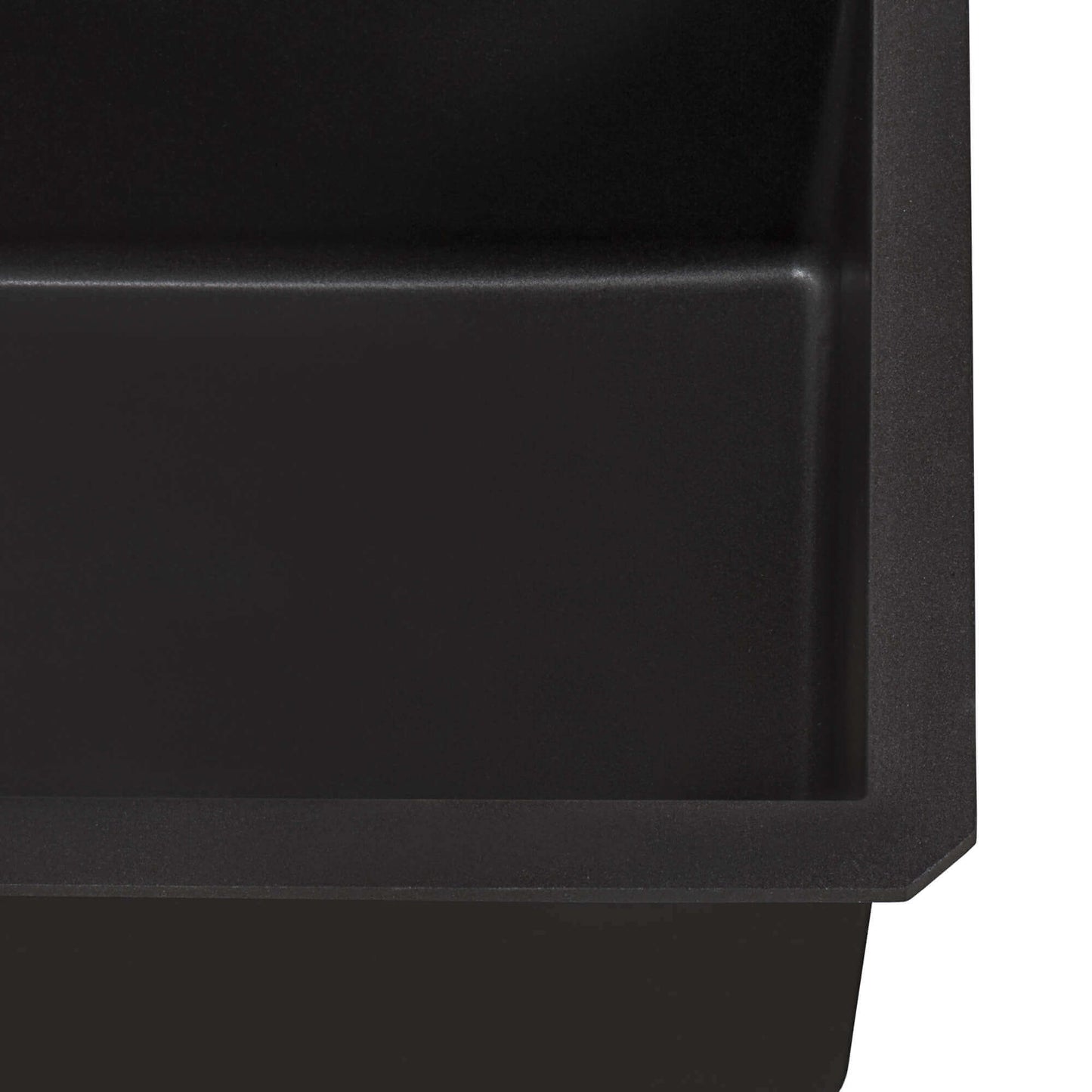 Close-up view of a Ruvati 32" epiGranite undermount kitchen sink in Midnight Black composite material.