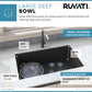 Ruvati large deep bowl kitchen sink dimensions with ample space for stacking dishes and cleaning large pots.