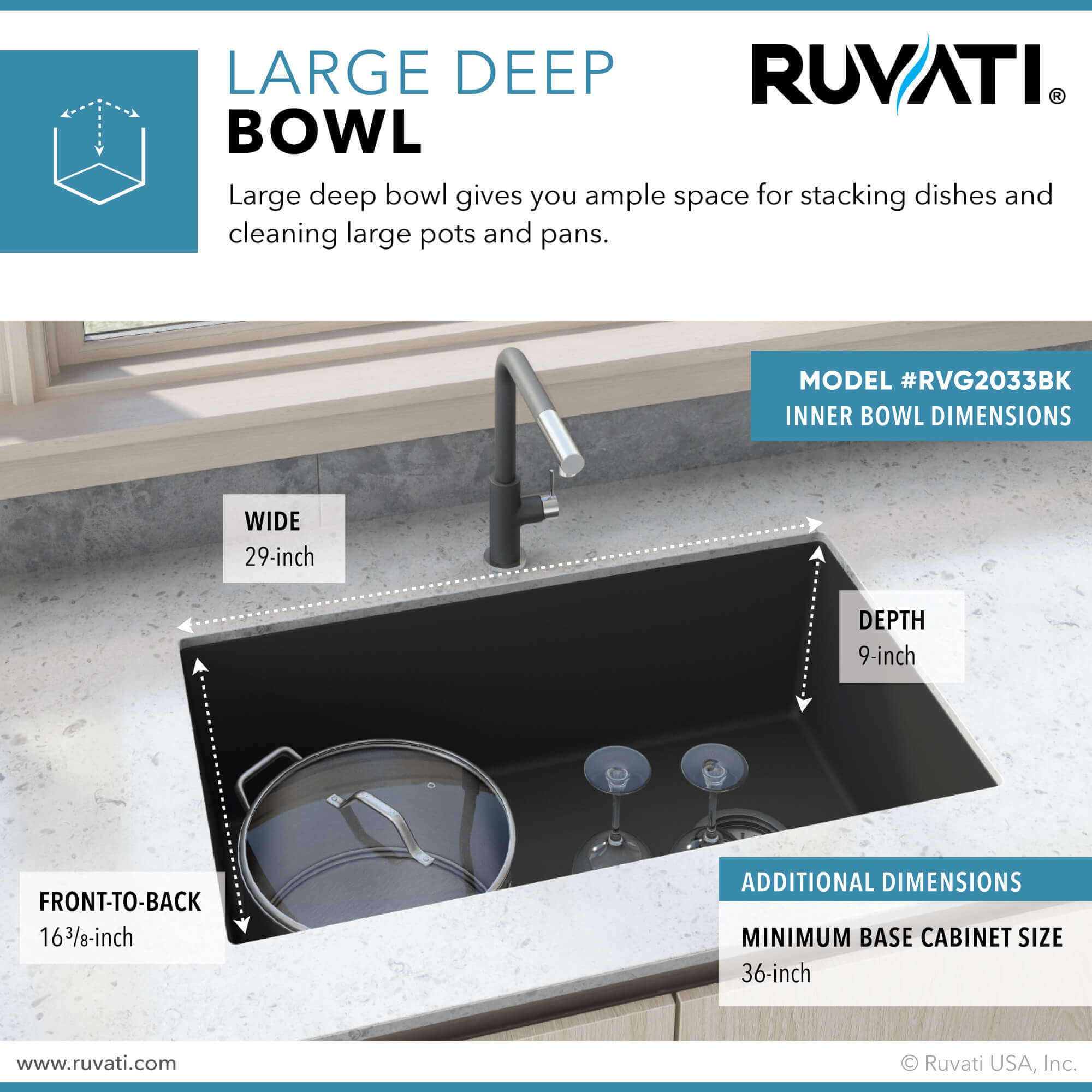 Ruvati large deep bowl kitchen sink dimensions with ample space for stacking dishes and cleaning large pots.